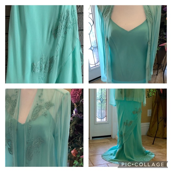 Silk Slip Dress in Tiffany Blue with Sheer Jacket Beaded Size 8 by Scala - Picture 3 of 16